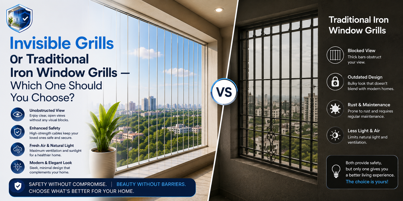 Invisible Grills or Traditional Iron Window Grills — Which One Should You Choose?